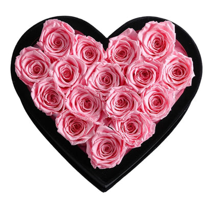 16 różowych róż w czarnym pudełku Heart Box