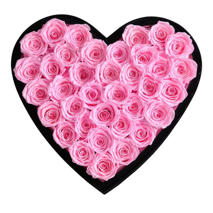 36 różowych róż w czarnym pudełku Heart Box