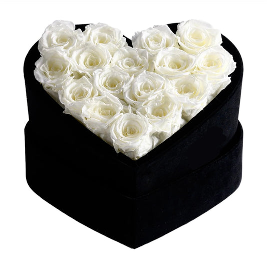 16 białych róż w czarnym pudełku Heart Box