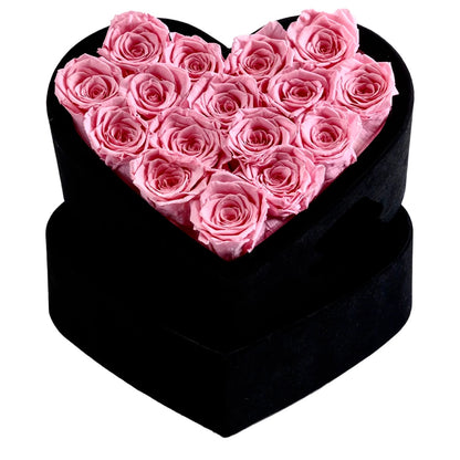 16 różowych róż w czarnym pudełku Heart Box